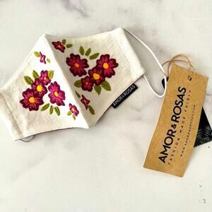 Amor & Rosas white with red pink flower floral embroidered face mask